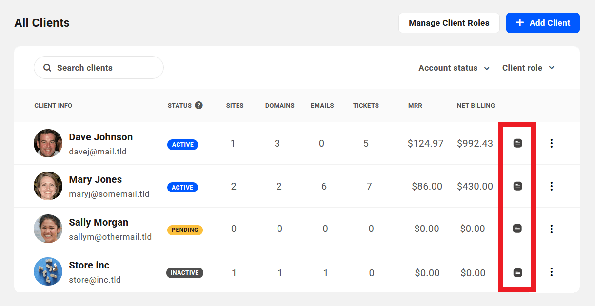 Add private notes to any client profile from the main Clients area