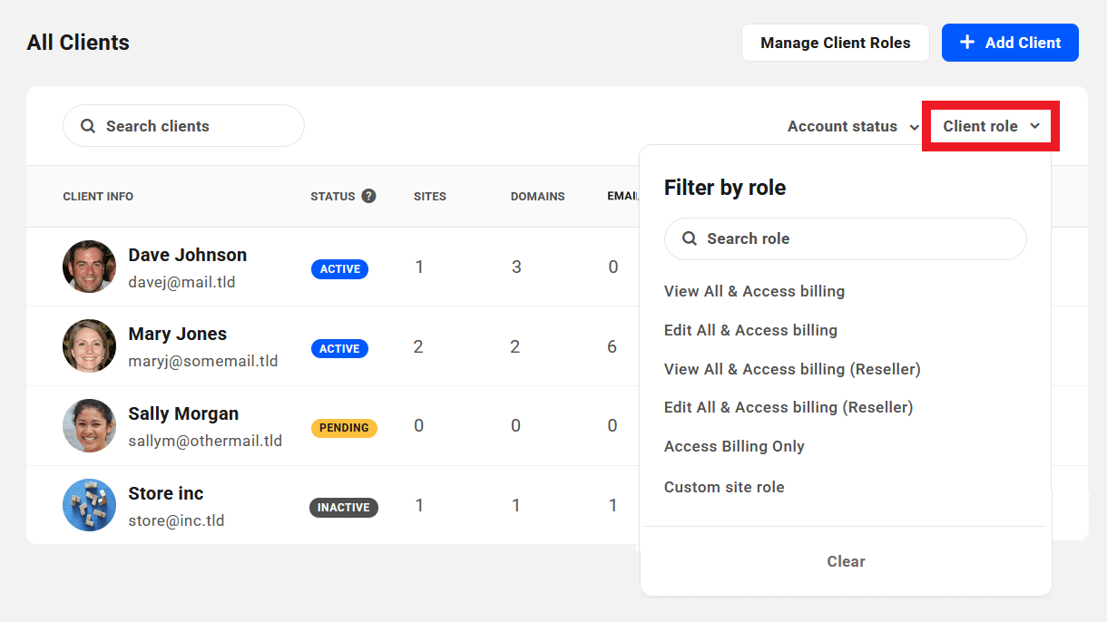 Filter the client list by client role