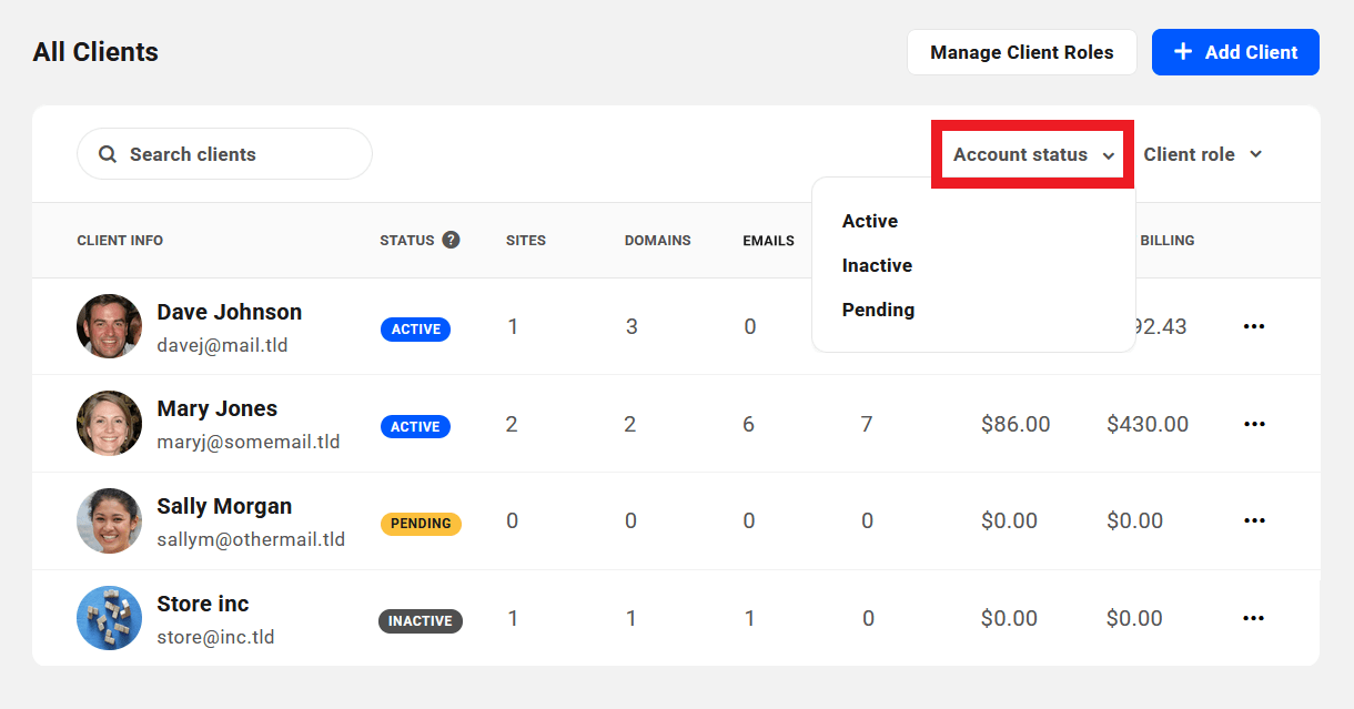 Filter the client list by account status