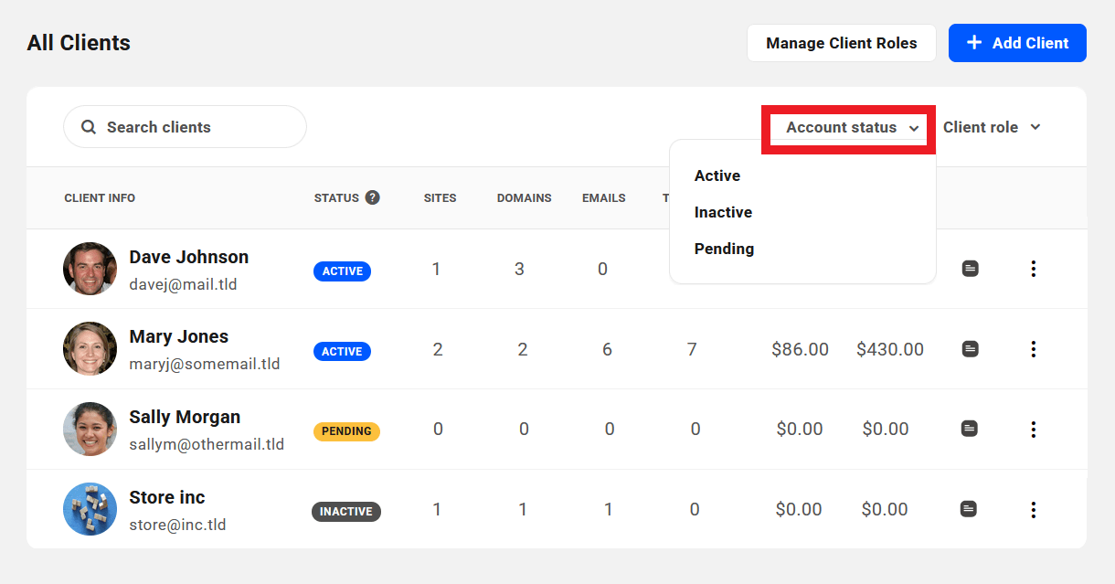 Filter the client list by account status