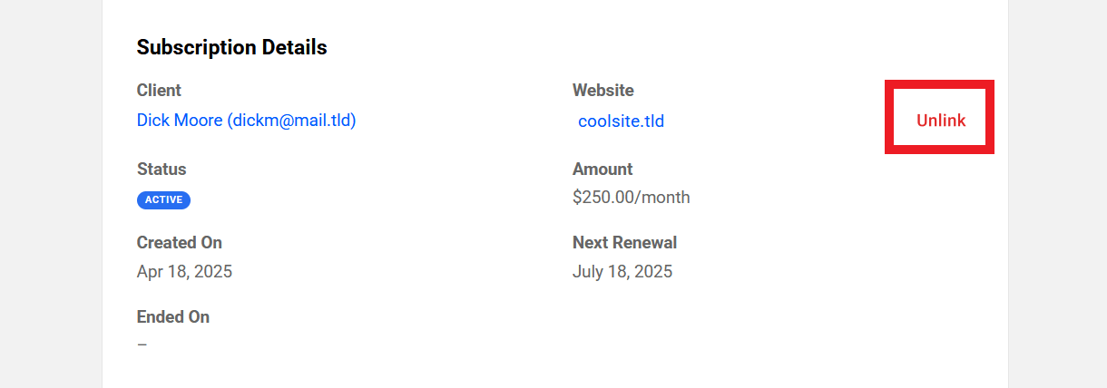 Unlink a website from an active client subscription