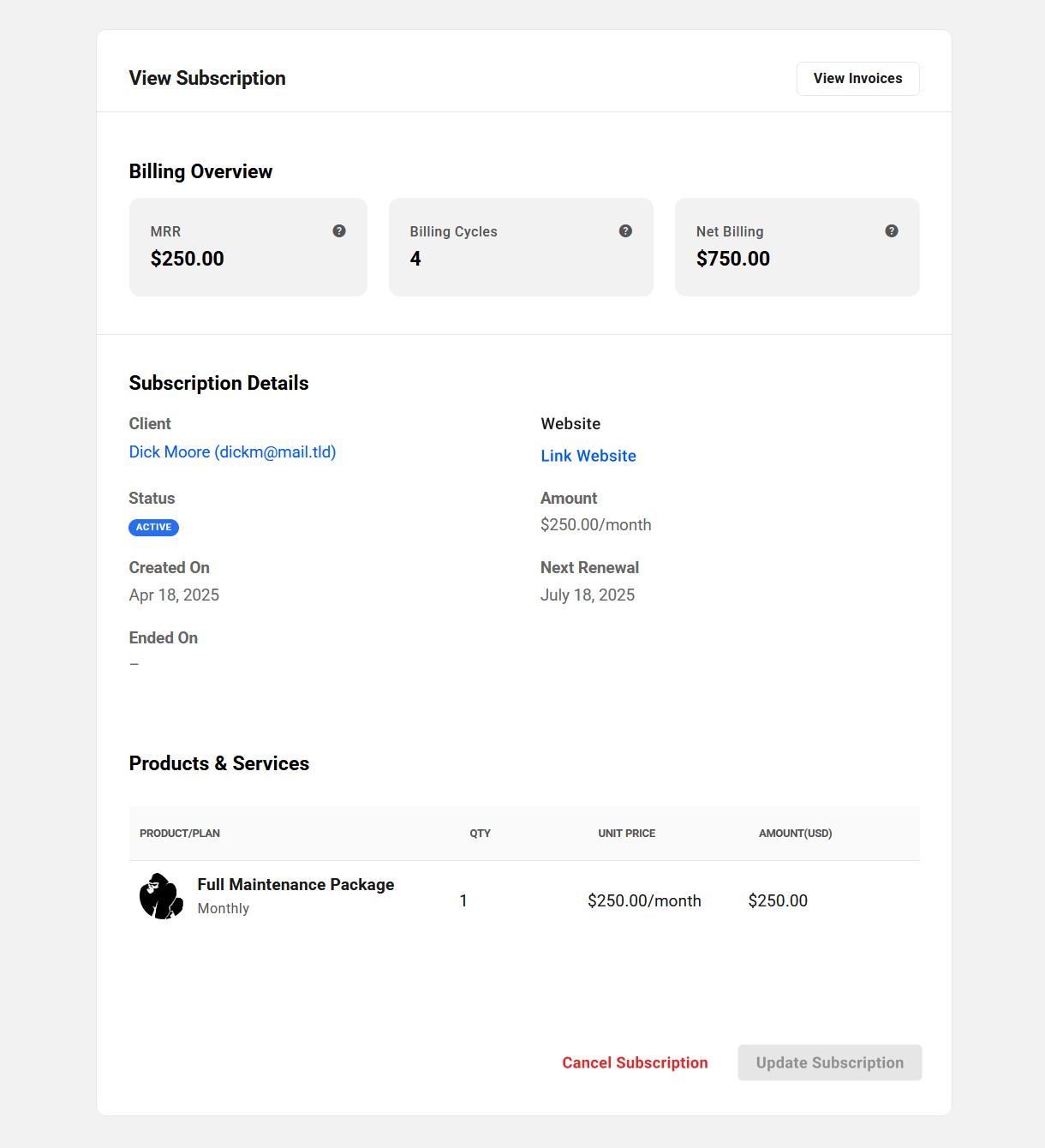 Manage active subscription details in a client profile