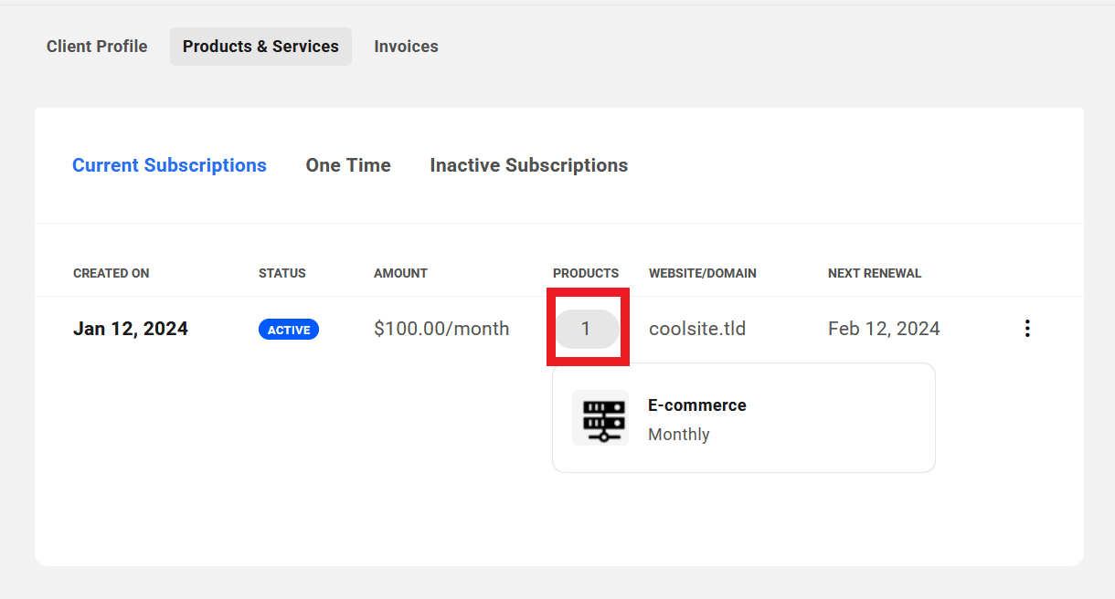 Products included in client's active subscriptions in their profile