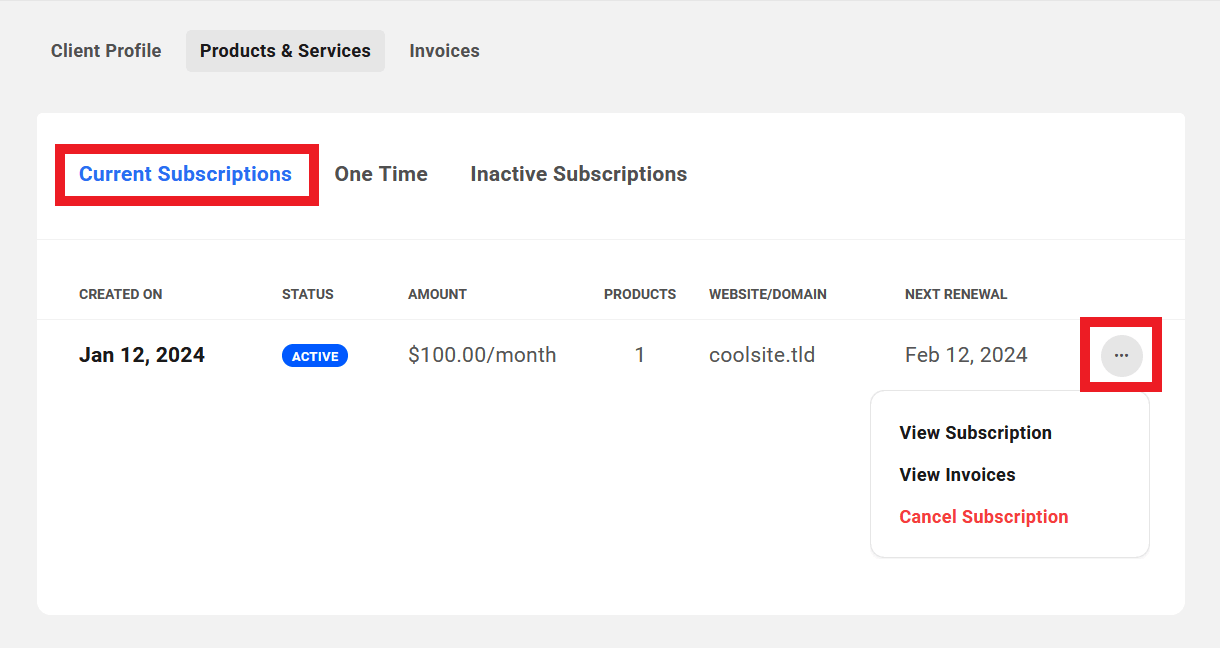 Client's active subscriptions in their profile