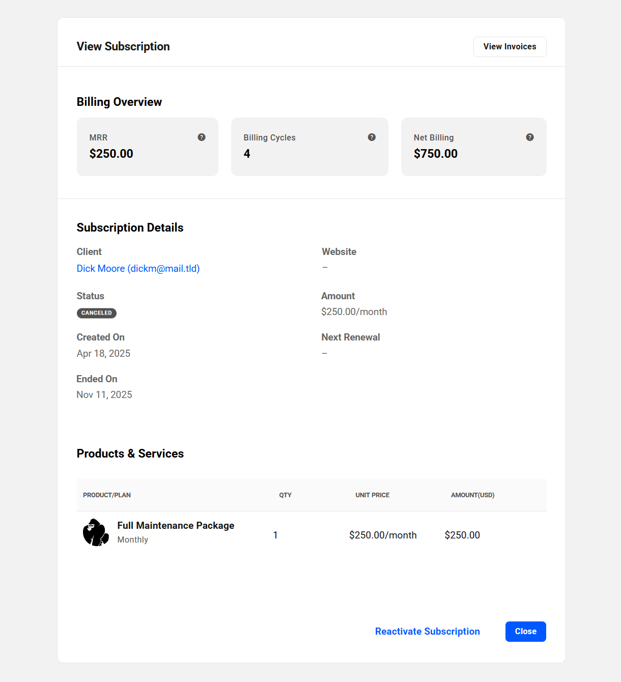 Client's inactive subscriptions in their profile