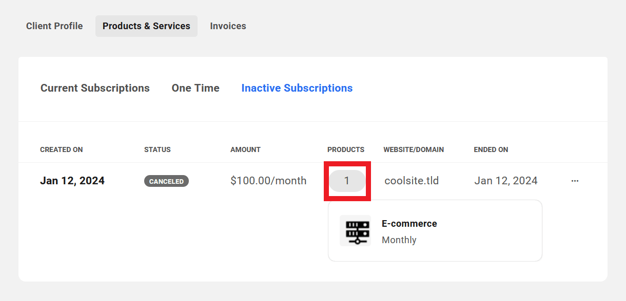 Products included in client's inactive subscriptions in their profile