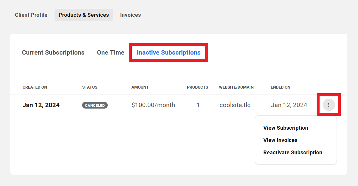 Client's inactive subscriptions in their profile