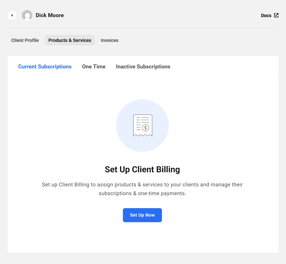 View of Products and Services in a client profile when Billing is not yet active