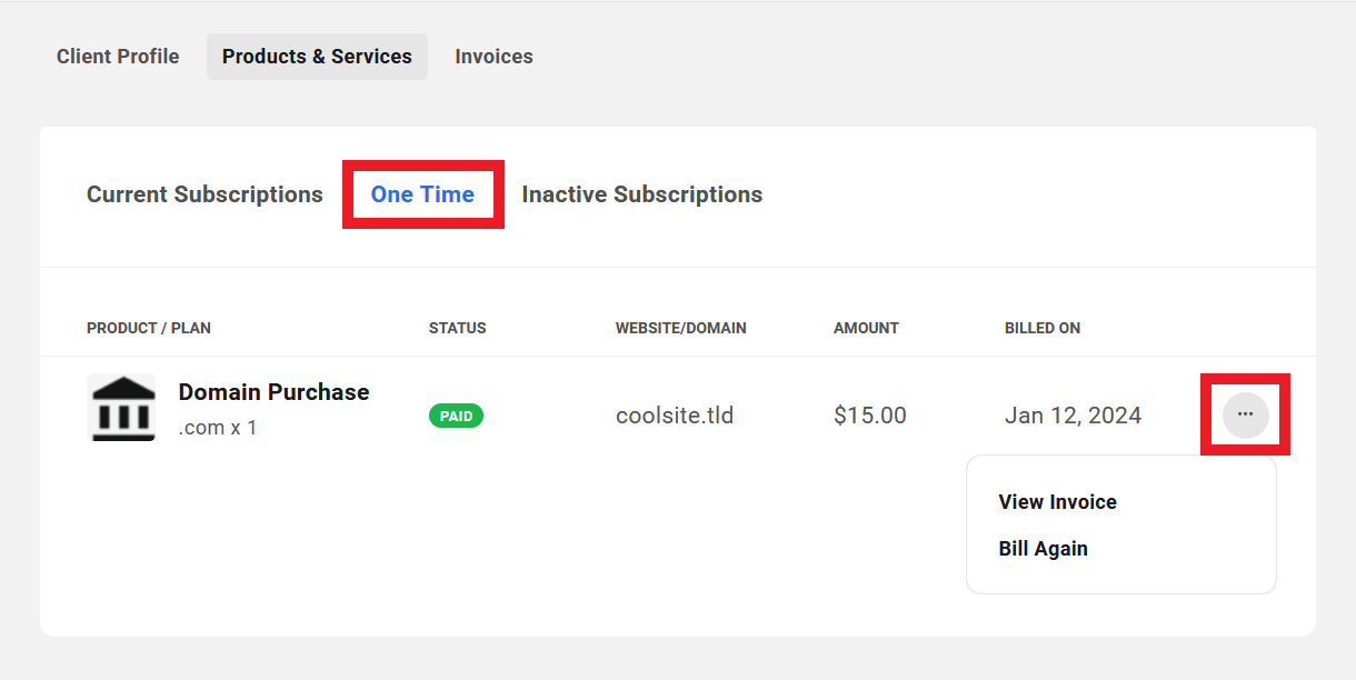 Client's one-time billed products in their profile