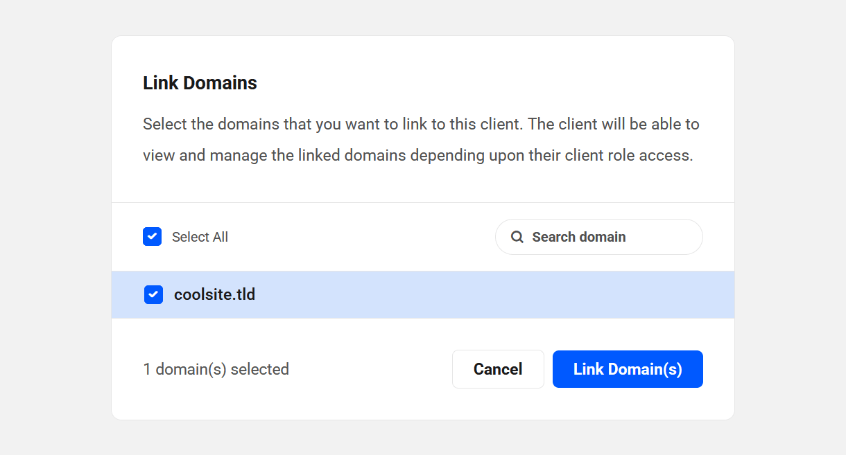 Link domains to a client in their profile