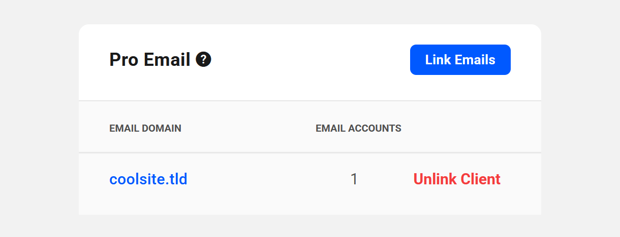Pro Email domains linked to a client