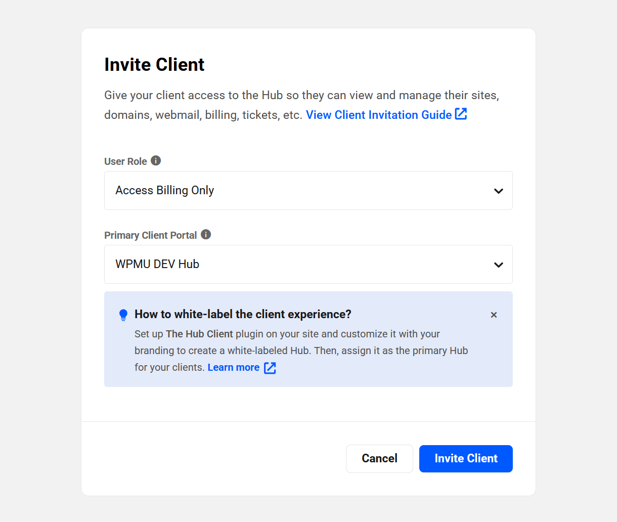 Configure client access when inviting them