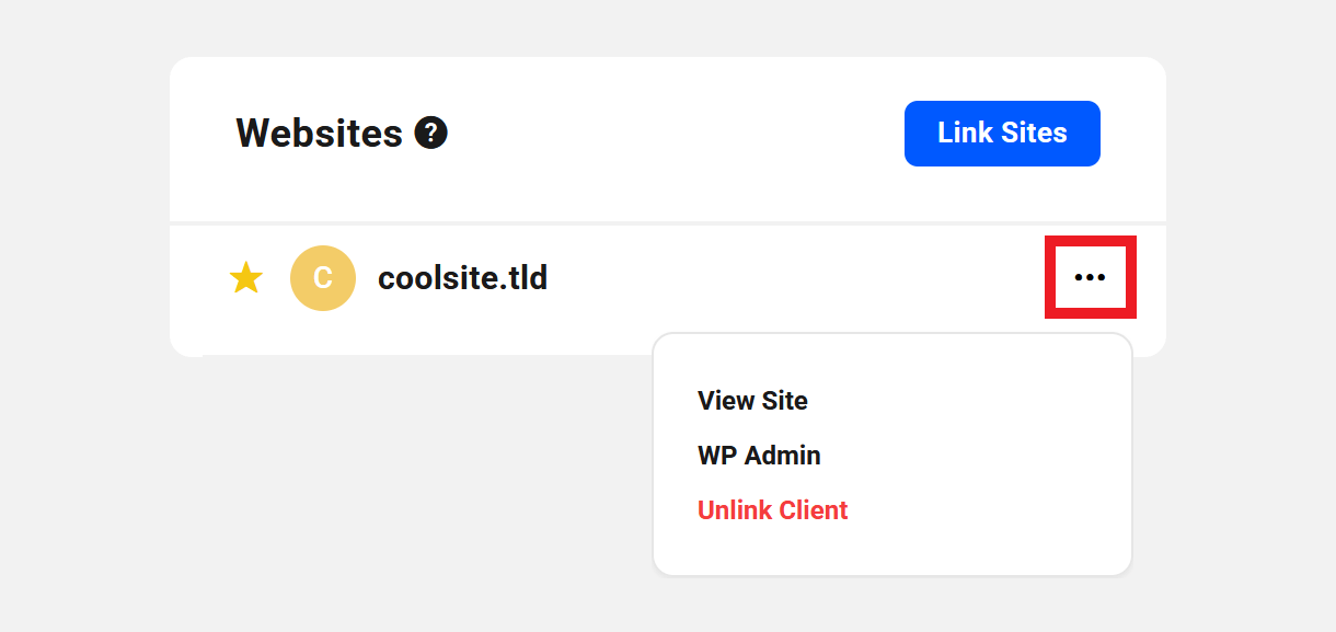 Management options for websites linked to a client
