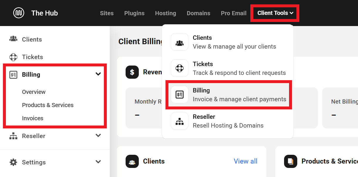 Billing section in Client Tools