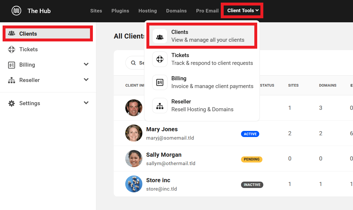 Clients section in Client Tools