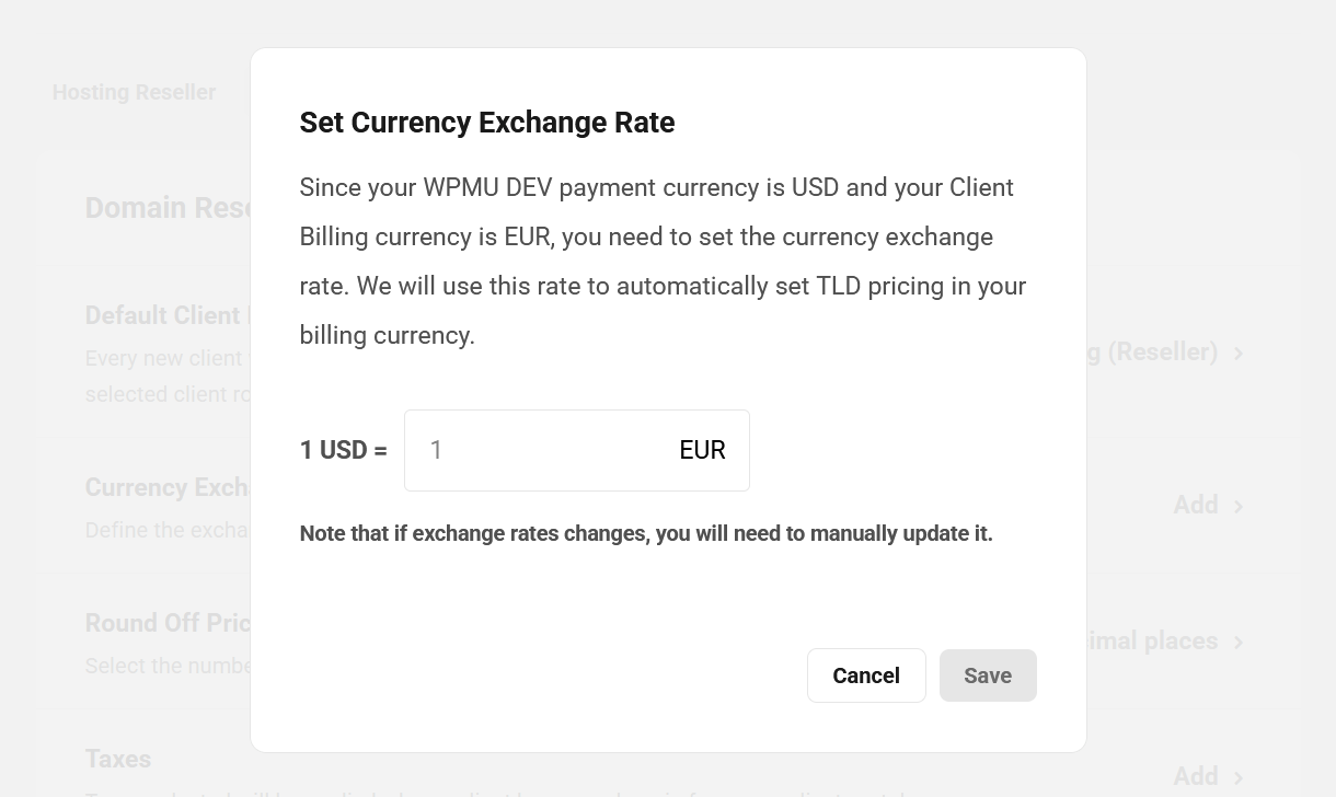 Edit the currency exchange rate for resller domains in Client Tools