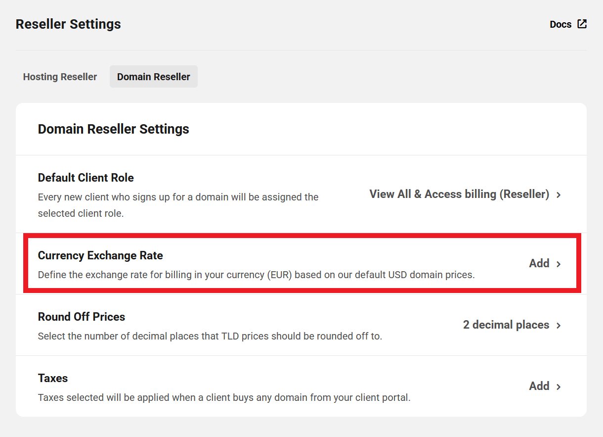 Set the currency exchange rate for resller domains in Client Tools