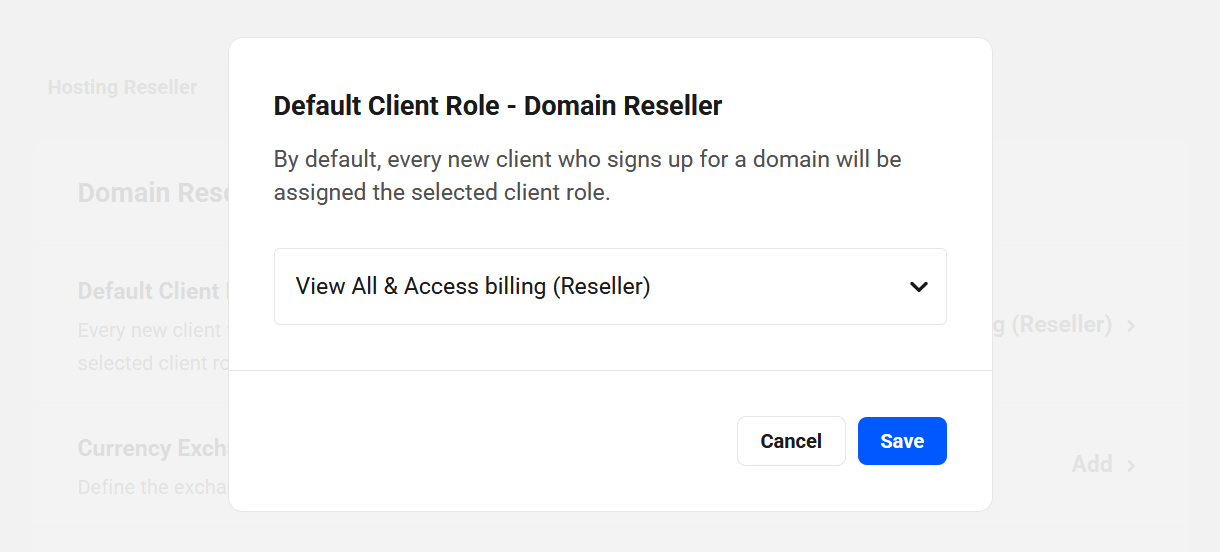Edit default role for domain reseller clients