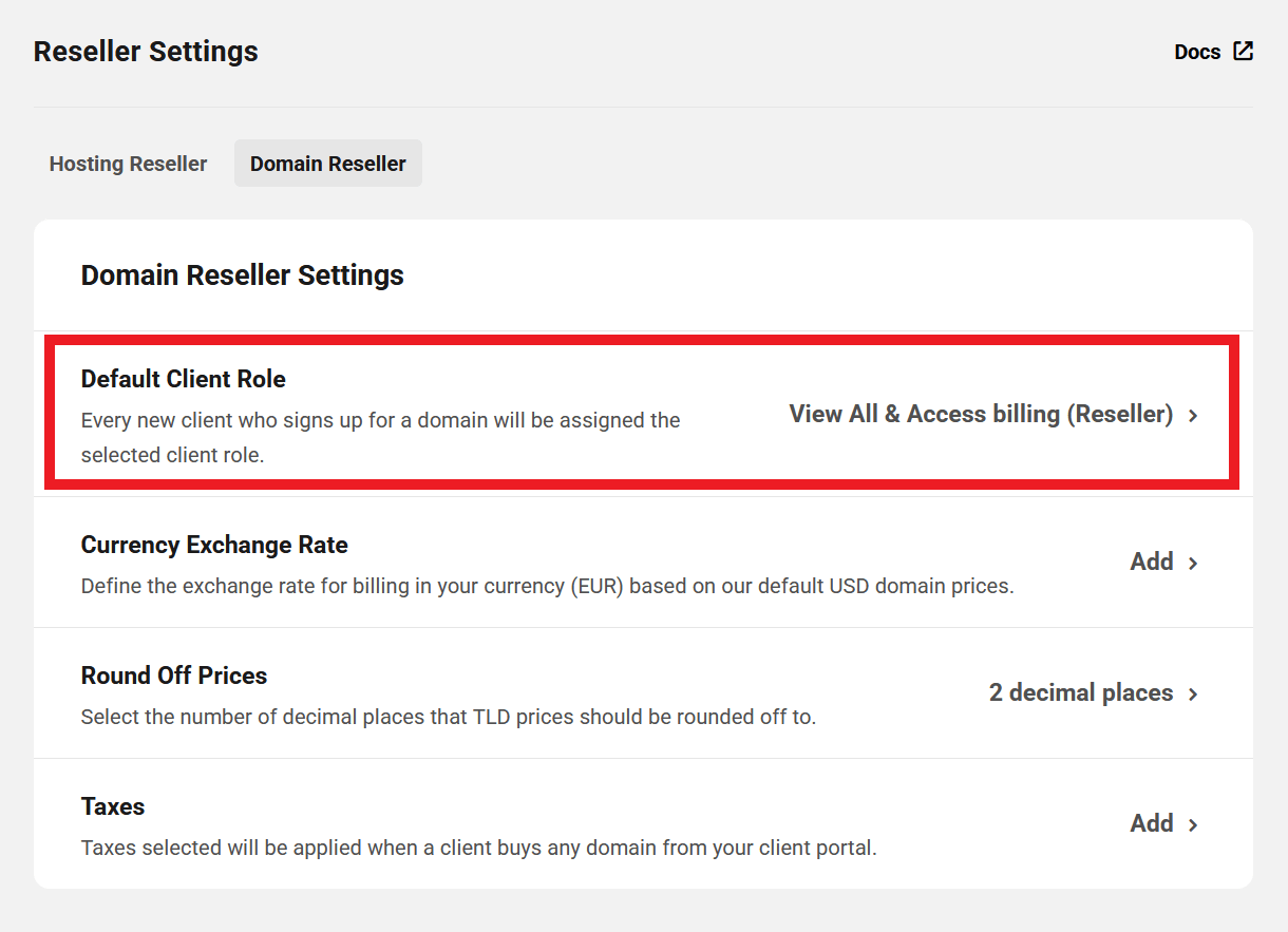 Default role for domain reseller clients