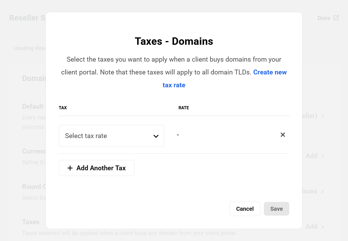 Select taxes for domain reseller products