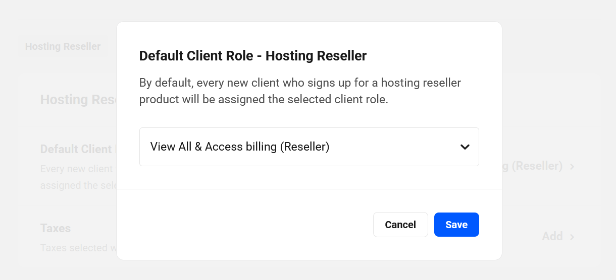Edit default role for hosting reseller clients