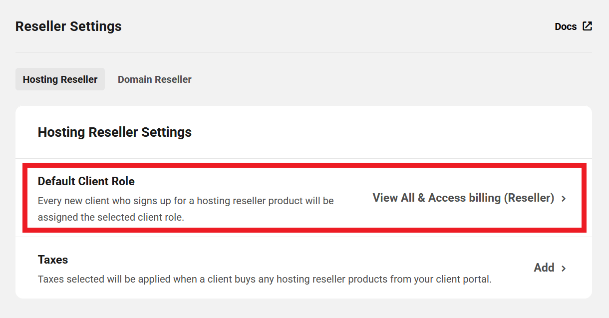 Default role for hosting reseller clients
