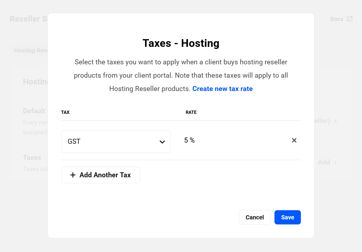 Select taxes for hosting reseller products
