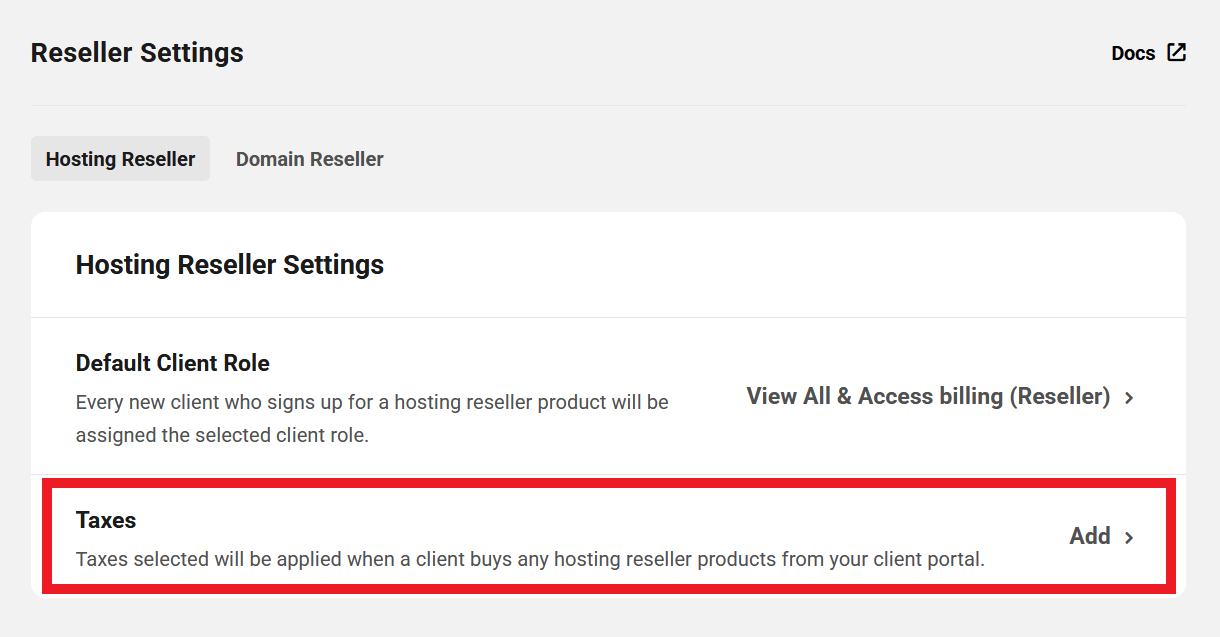 Select taxes for hosting reseller products