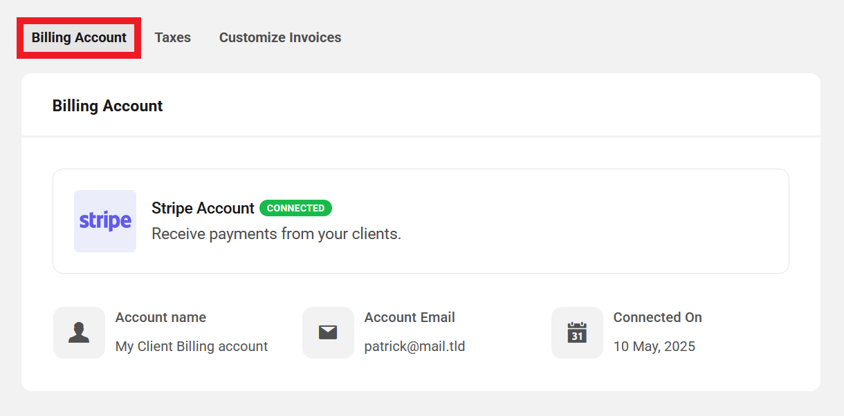 Account settings in Billing tool