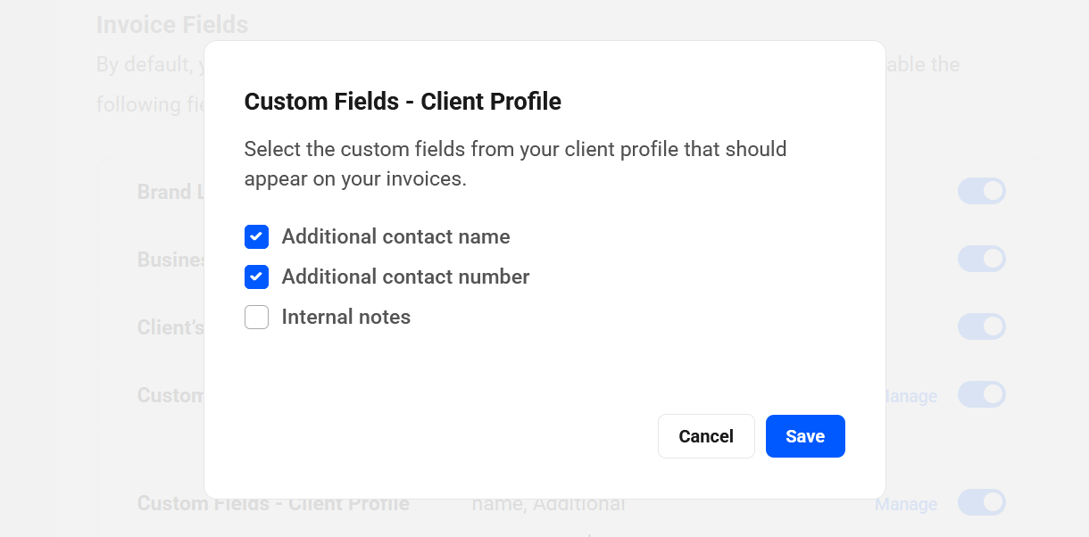 Manage custom fields added to invoices in Client Tools