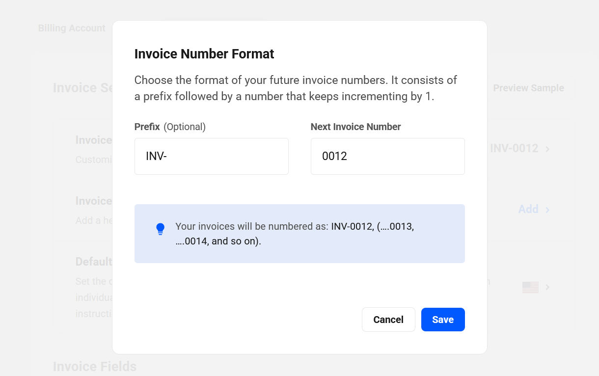 Customize invoice number format in Client Tools