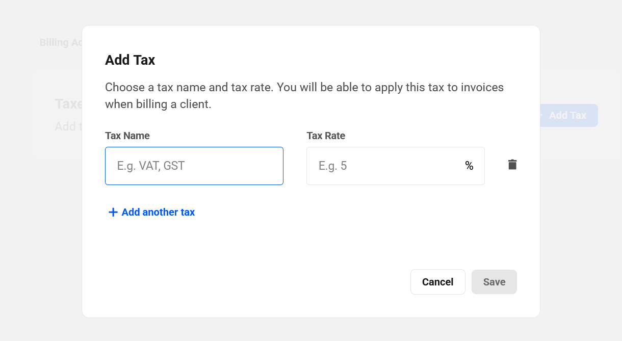 Create taxes in Billing tool