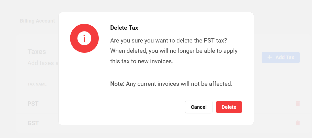 Confirm deletion of taxes in Billing tool