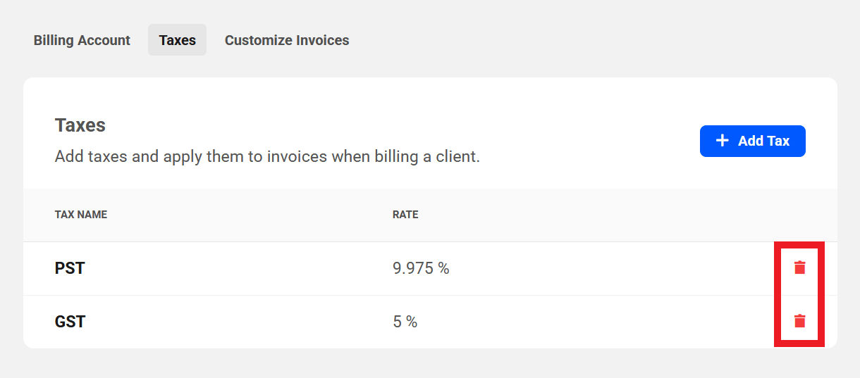 Delete taxes in Billing tool