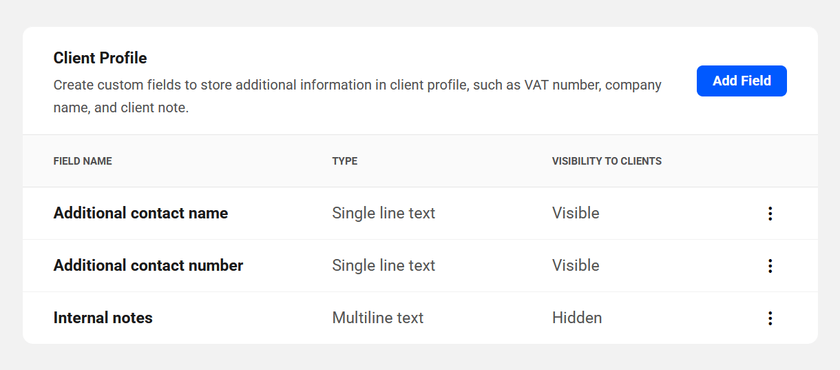 Custom client profile fields added in Client Tools