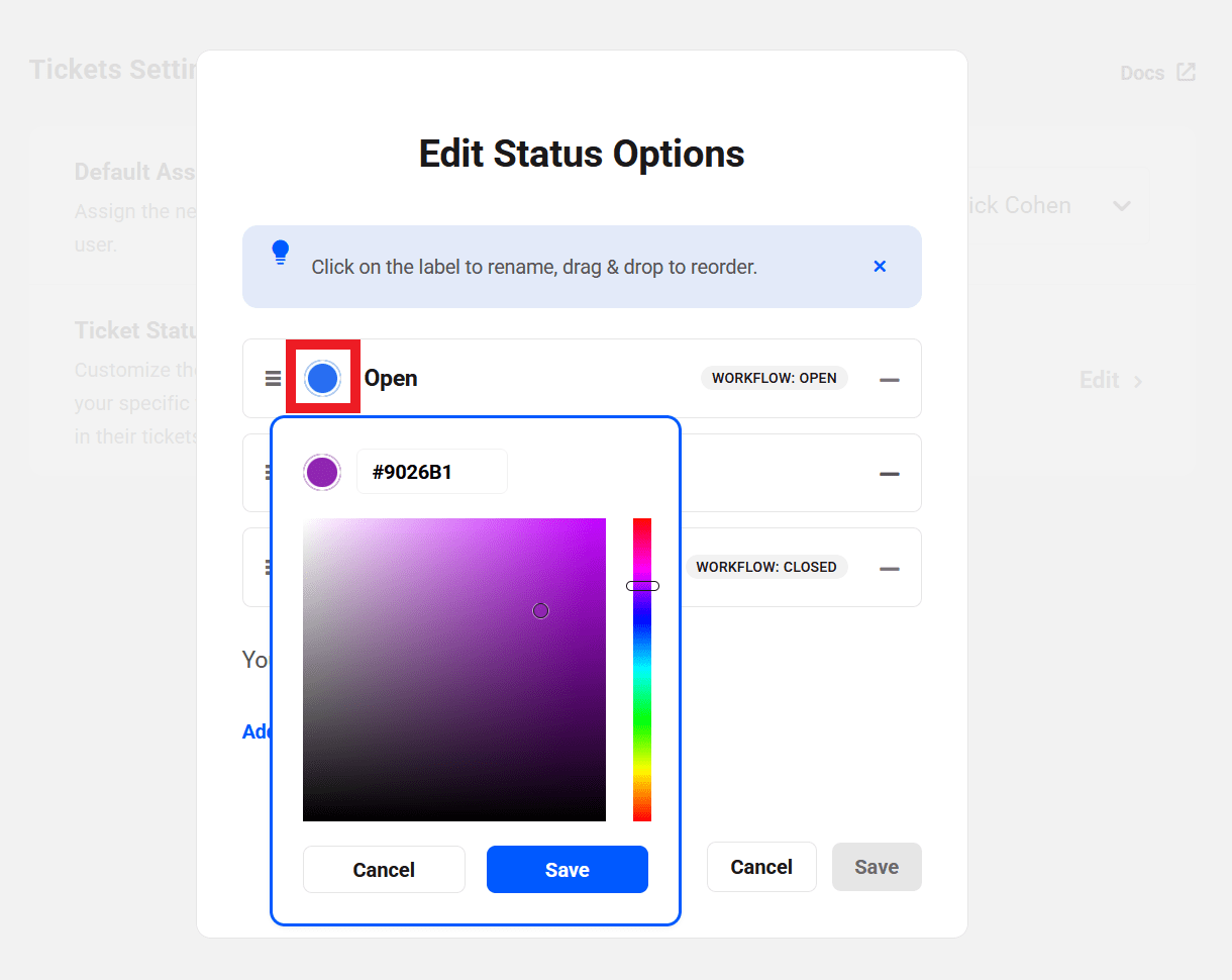 Edit ticket status label color