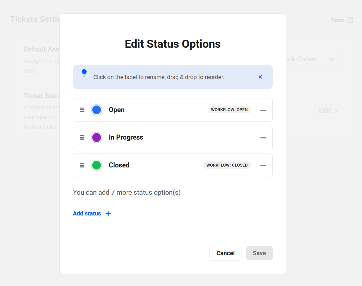 Ticket status options