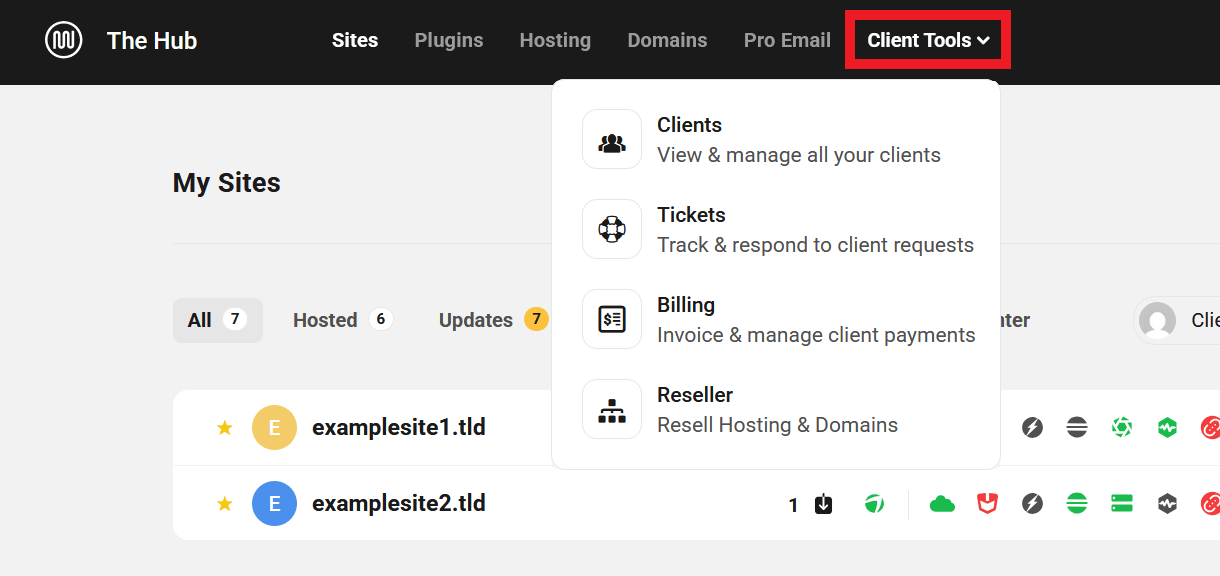 Client Tools menu item in The Hub