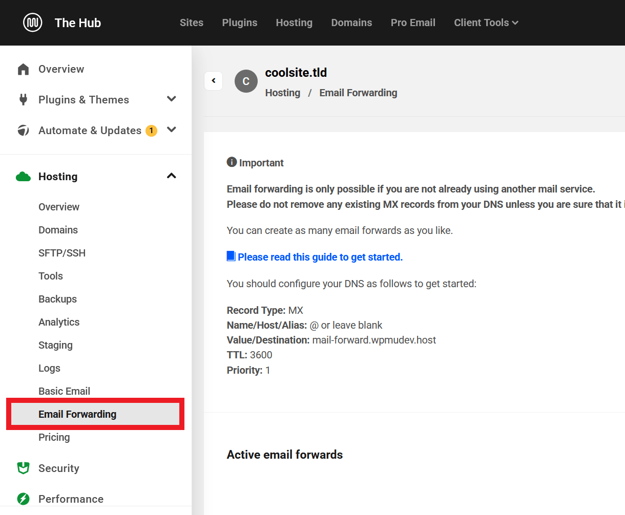 Email Forwarding tab in The Hub