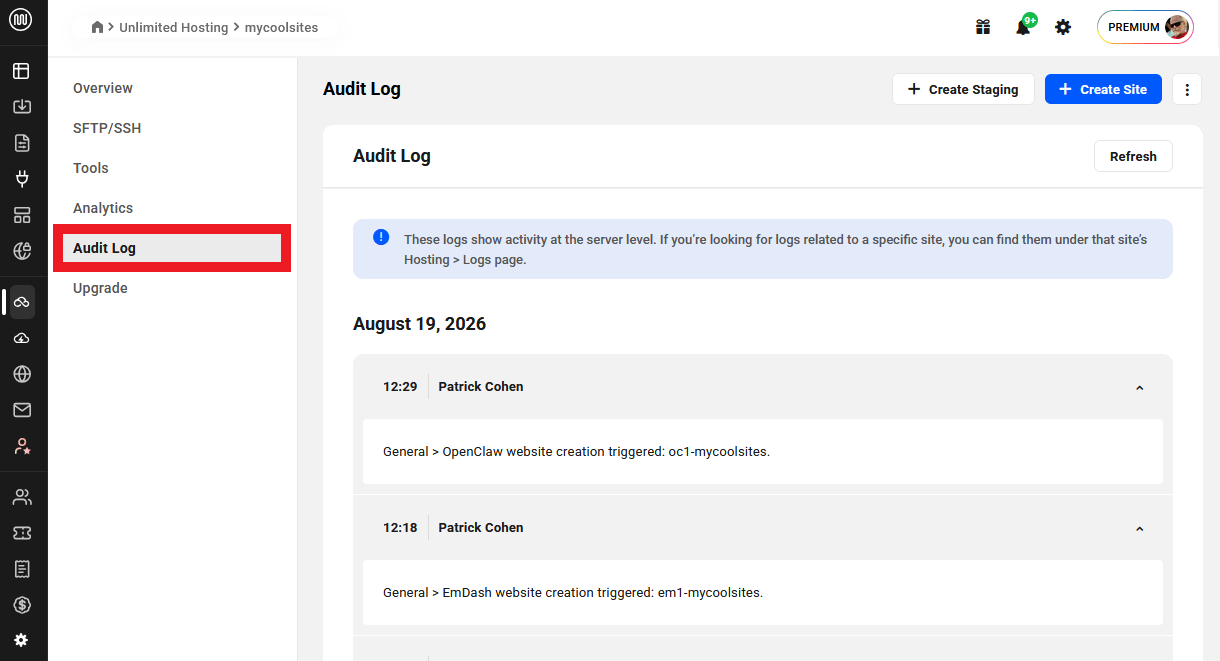 Audit log for an Unlimited hosting server