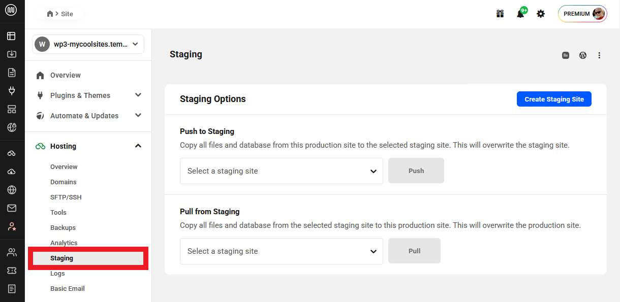 Staging screen for an Unlimited hosting site