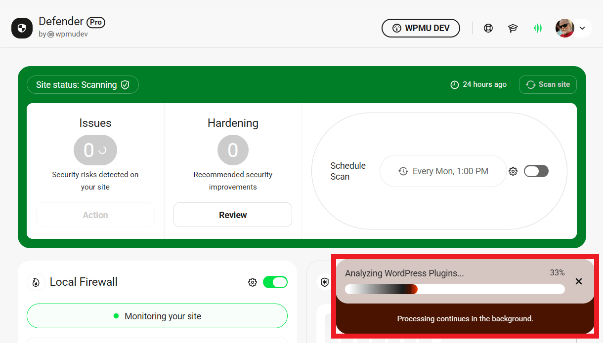 Security scan progress in the Defender dashboard