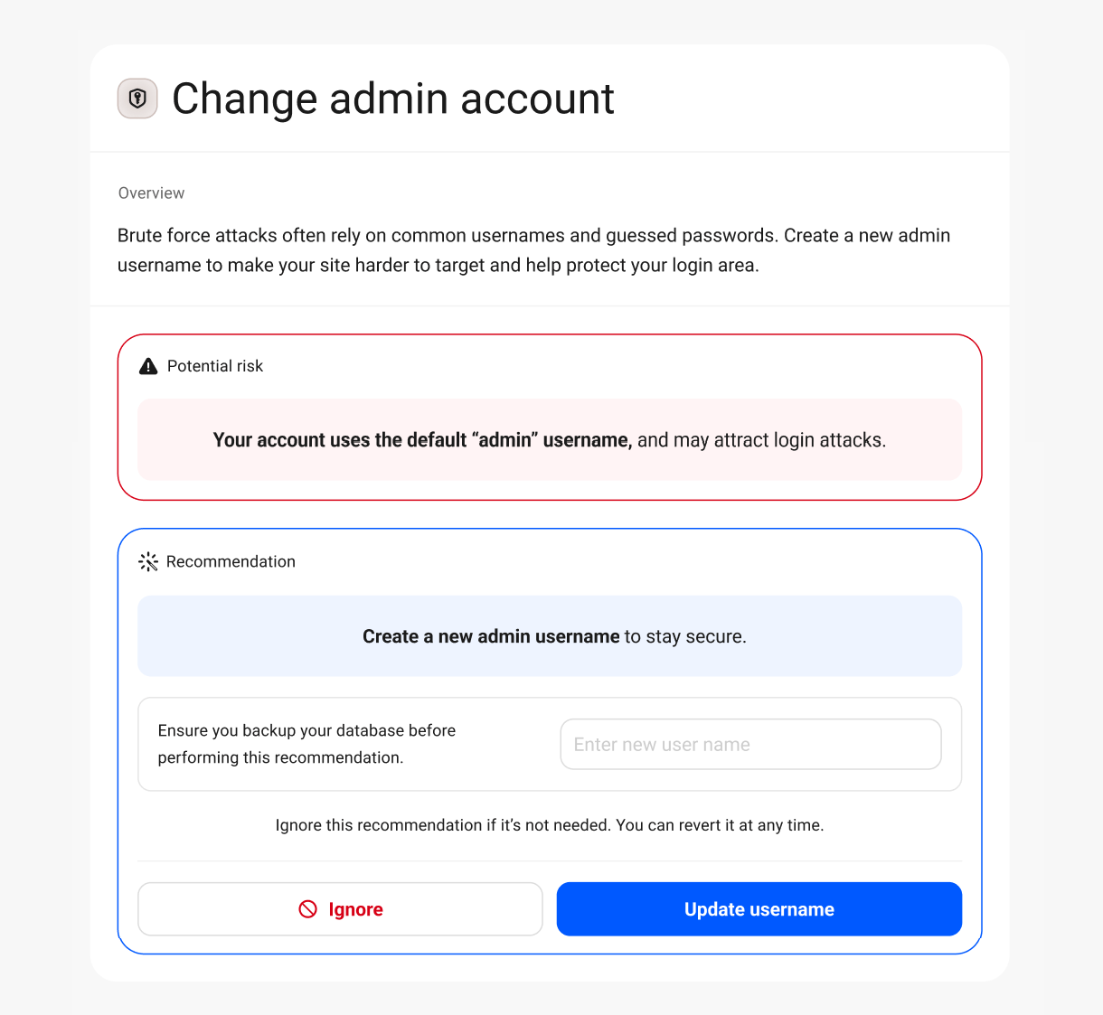 Change default admin user account security recommendation