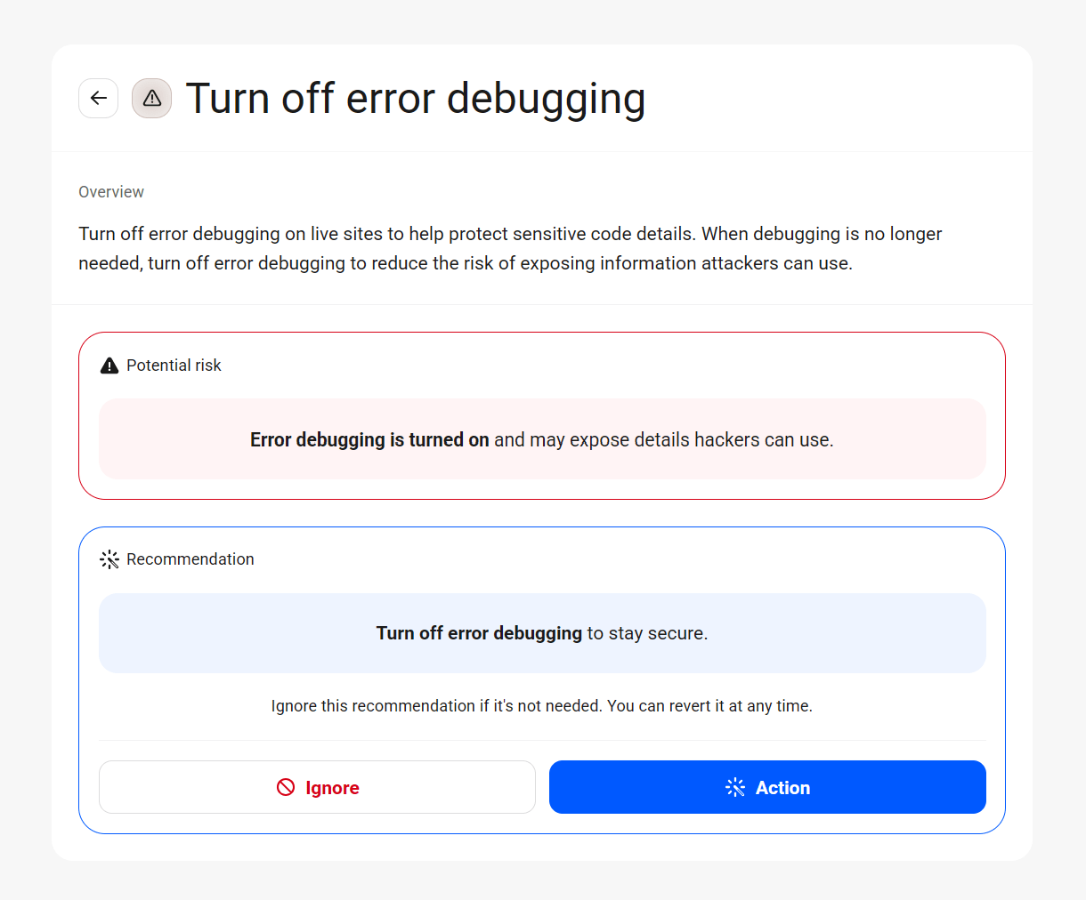 Turn off error debugging security recommendation