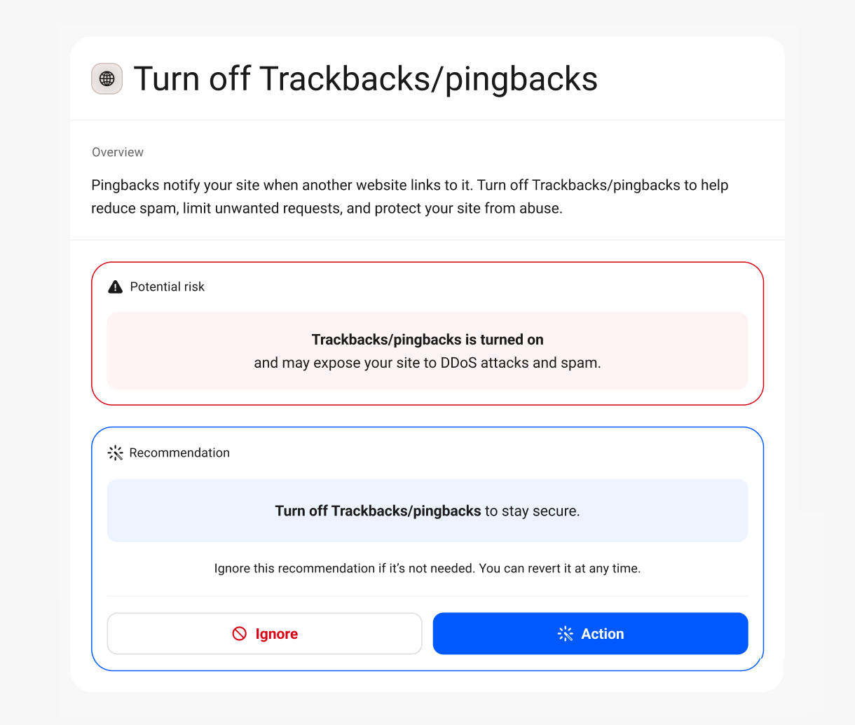 Disable trackbacks and pingbacks security recommendation