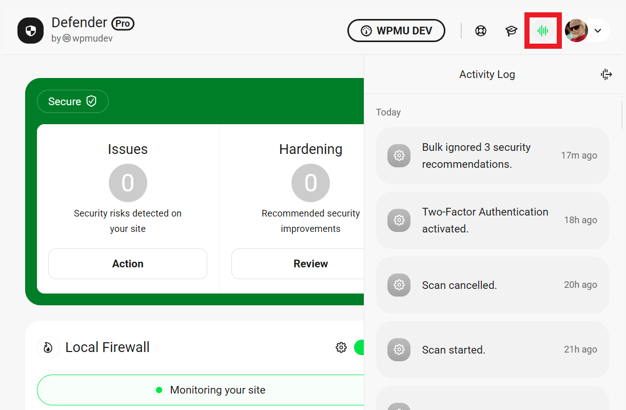Activity Log sidebar