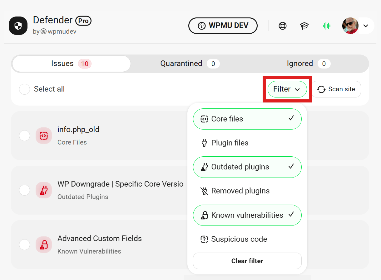Filter scan results by issue type