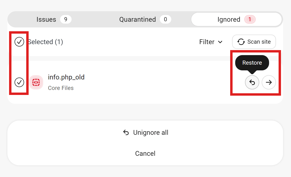 Restore an ignored issue in Defender scanning