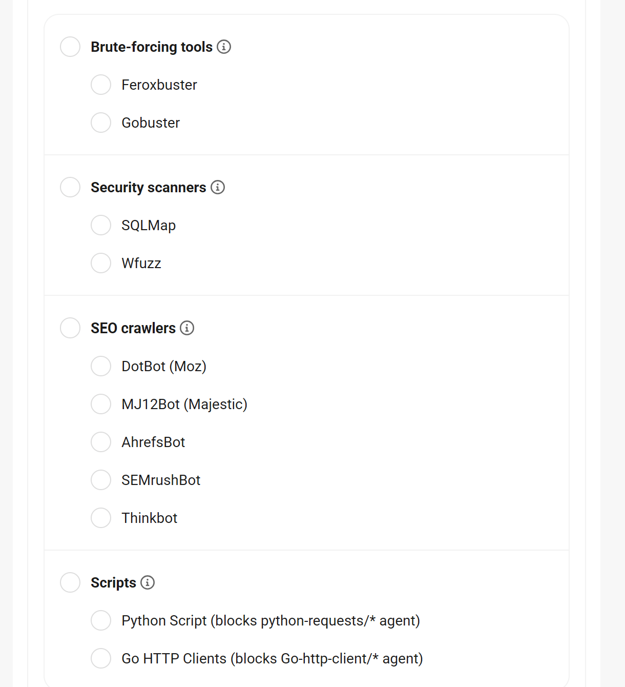 Blocklist Presets showing grouped user agent categories