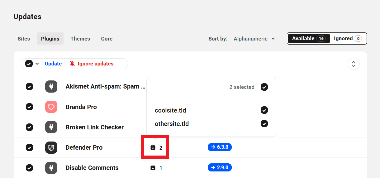 Select sites to update per plugin in The Hub